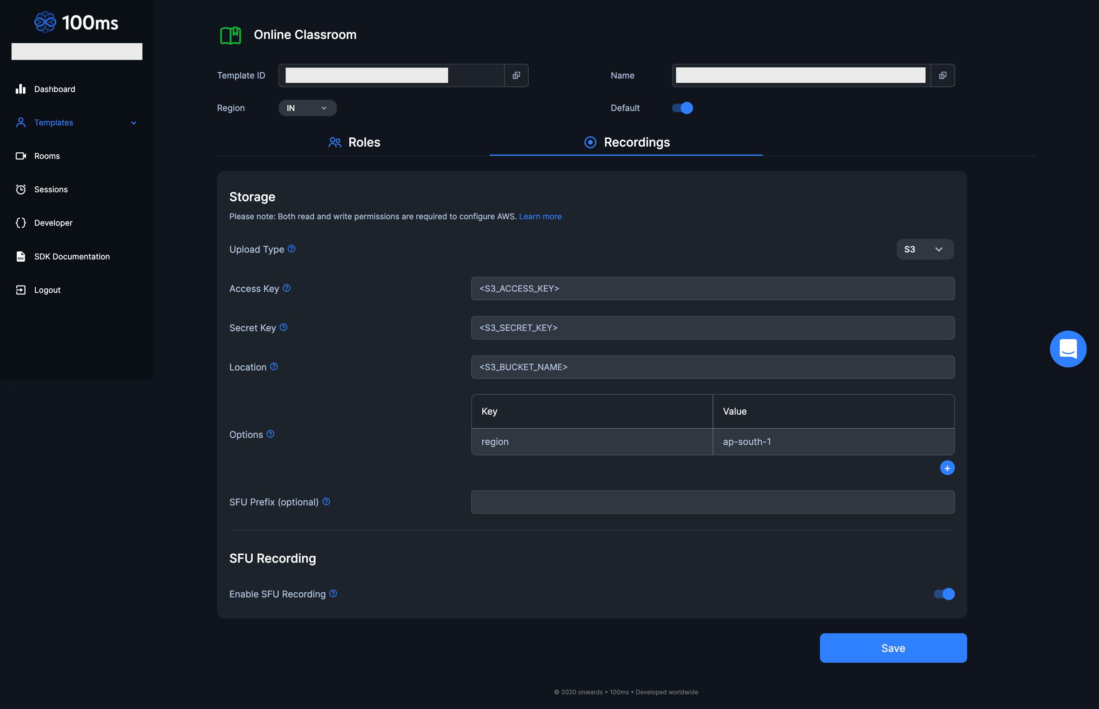 Enable recording from a template